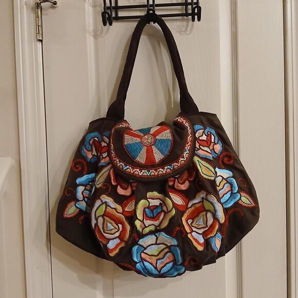 Tasha Polizzi Handbags - Tasha Polizzi Collection Large Brown Hobo Unique Embroidered & Beaded Flowers